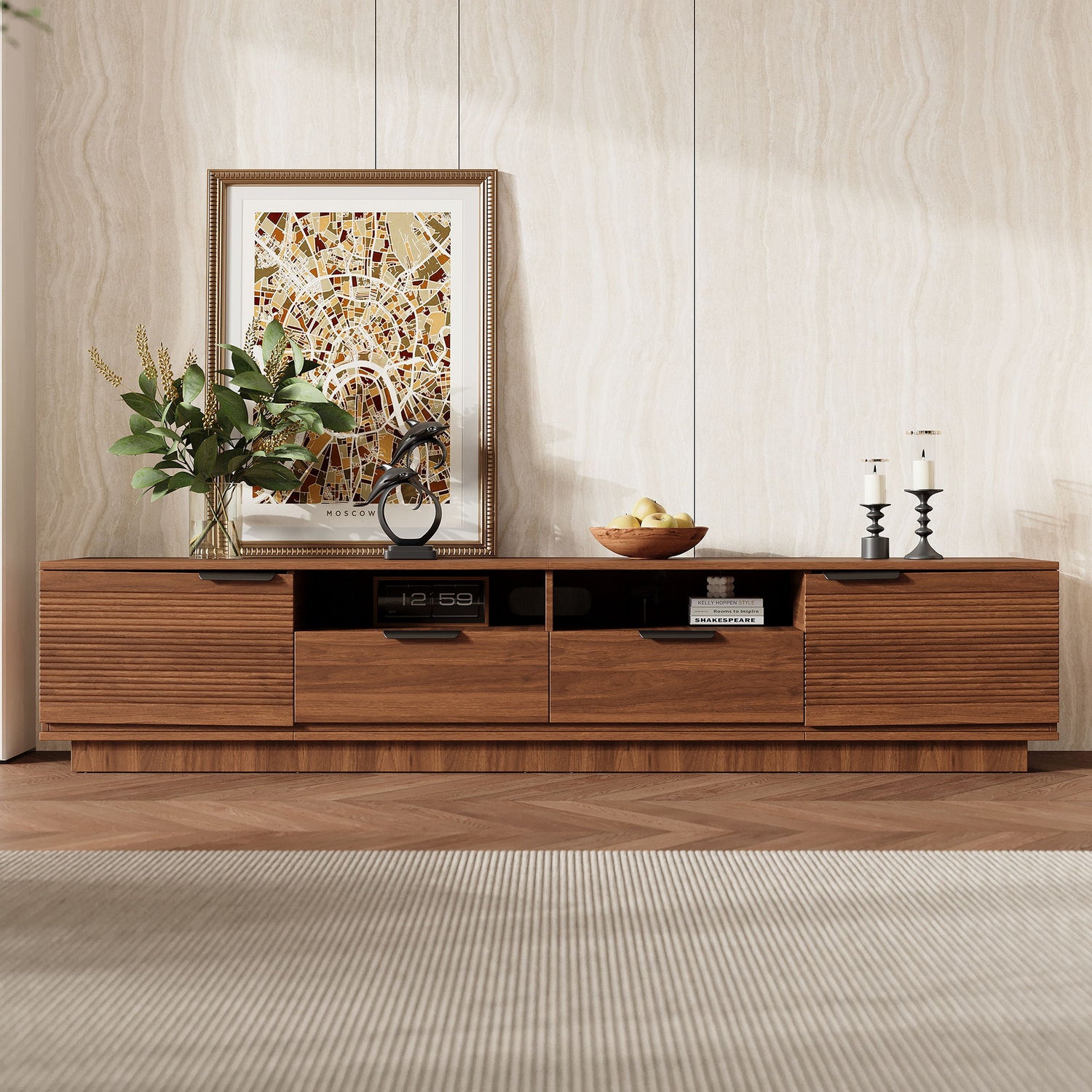 TV Stand, Entertainment Center With Deep Drawers, Cable Management &amp; Soft Closing Hinges