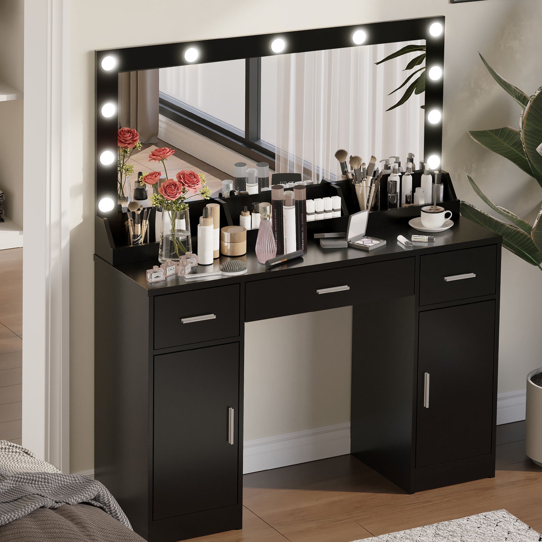 Vanity Desk With Large Mirror, 3 Colour Lighting Modes, Adjustable Brightness, Dresser With 3 Drawers &amp; 2 Vertical Cabinets, Makeup Vanity Table For Women &amp; Girls