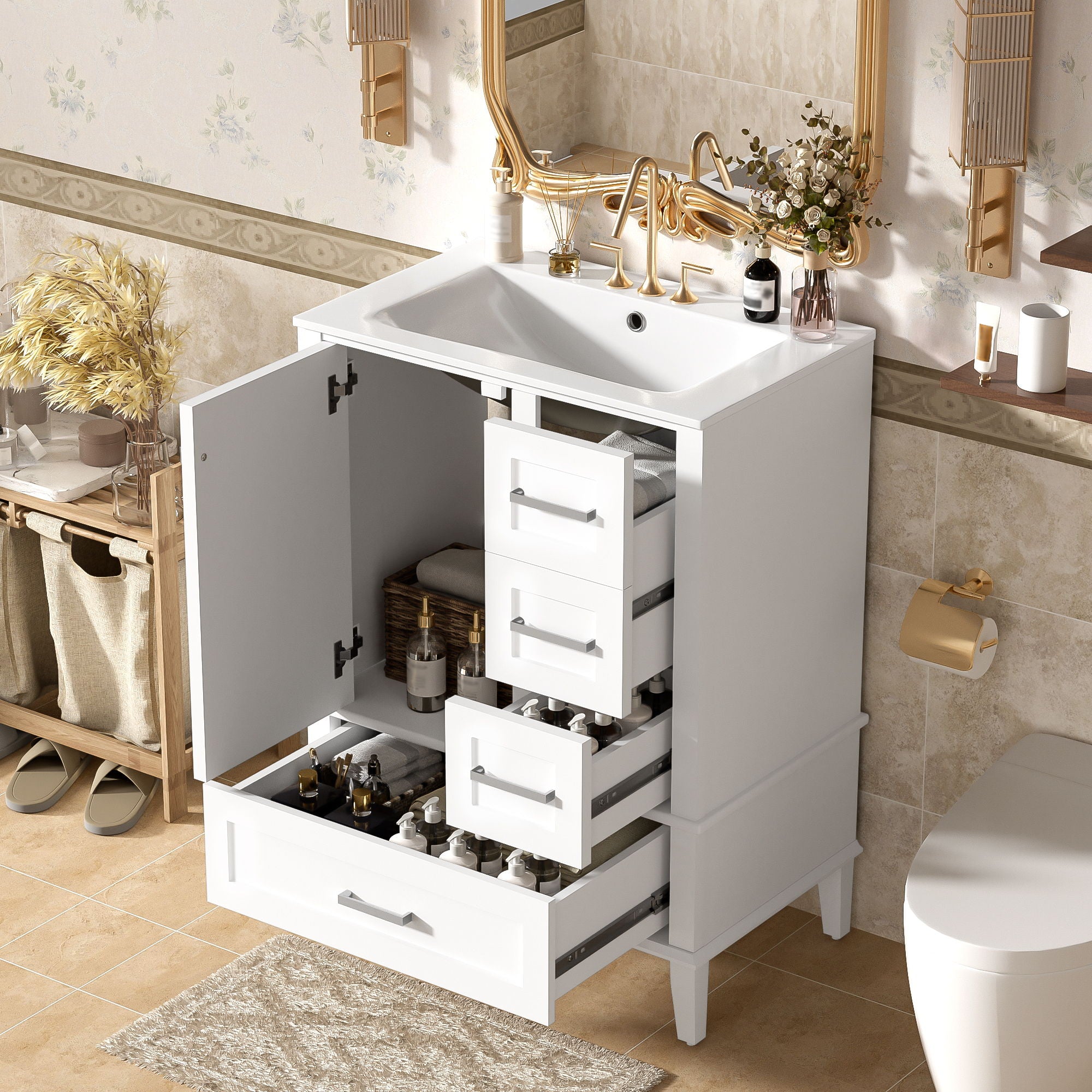 Bathroom Vanity, Modern Bathroom Cabinet With Sink Combo Set, Bathroom Storage Cabinet With A Soft Closing Door And 3 Drawers, Solid Wood Frame