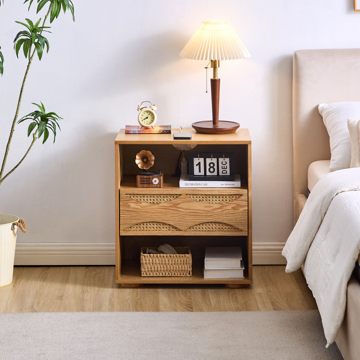 Nightstand With USB Ports &amp; Outlet Hole, End Table With Drawer