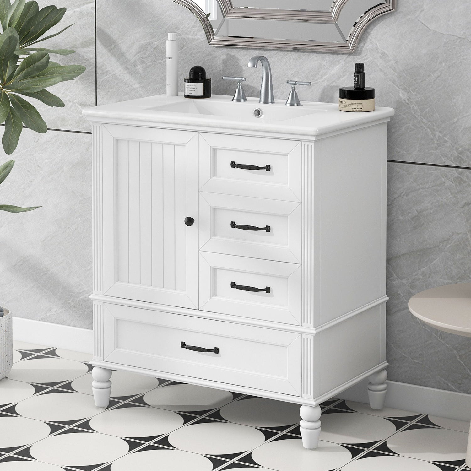 30&quot; Bathroom Vanity With Sink, 3 Drawers, Adjustable Feet