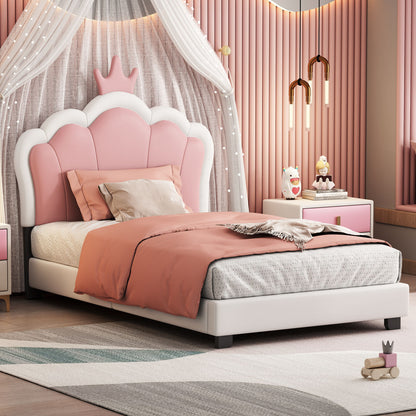 Twin Size Upholstered Princess Bed &amp; Crown Headboard, Platform Bed With Headboard And Footboard - White / Pink