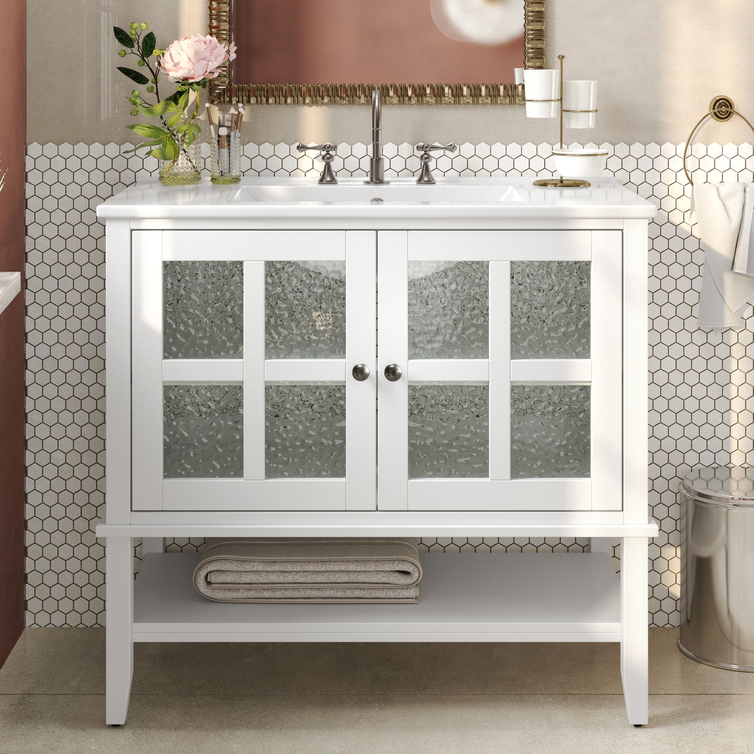 Bathroom Vanity With Ceramic Sink, Adjustable &amp; Open Shelf