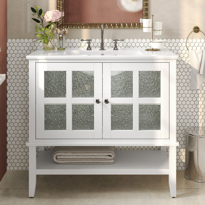 Bathroom Vanity With Ceramic Sink, Adjustable &amp; Open Shelf