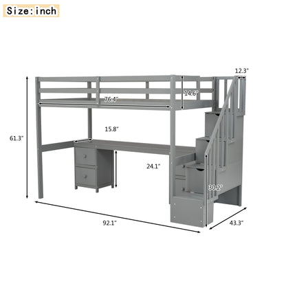 Loft Bed Frame With Built In Desk And Double Storage Drawers