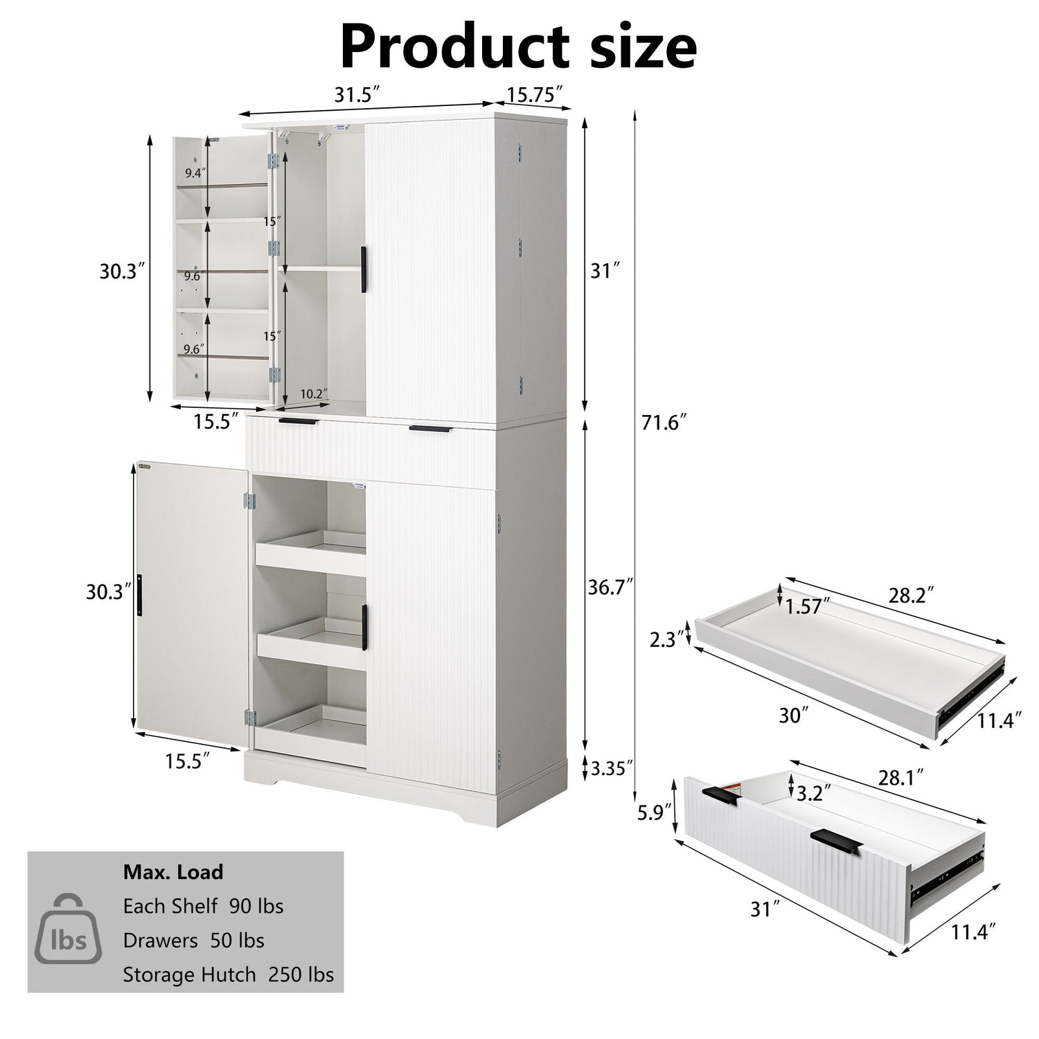 Fluted Kitchen Pantry Cabinet With 3 Keyboard Drawers &amp; 6 Adjustable Door Shelves
