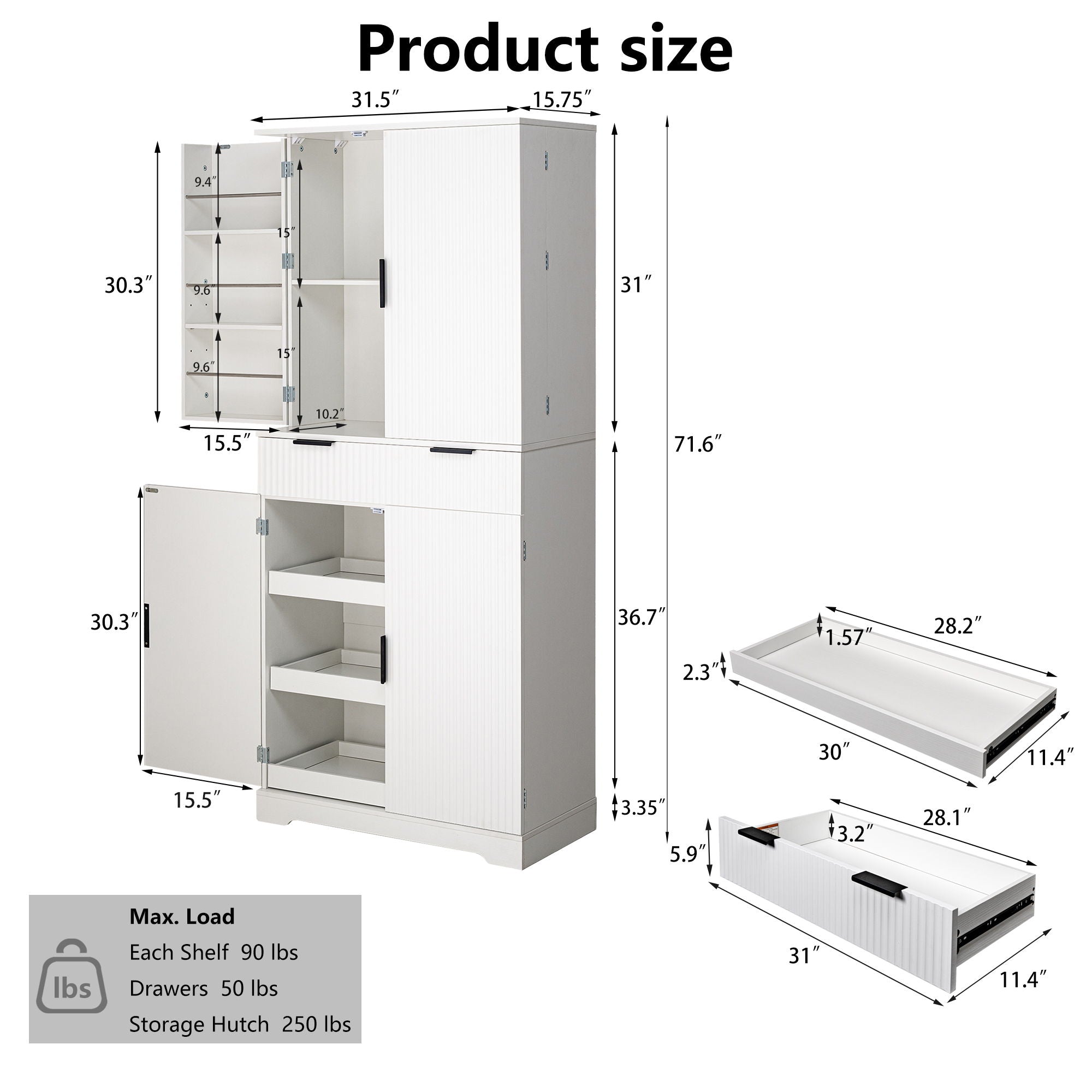 Fluted Kitchen Pantry Cabinet With 3 Keyboard Drawers &amp; 6 Adjustable Door Shelves