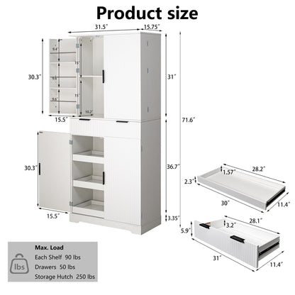 Fluted Kitchen Pantry Cabinet With 3 Keyboard Drawers &amp; 6 Adjustable Door Shelves