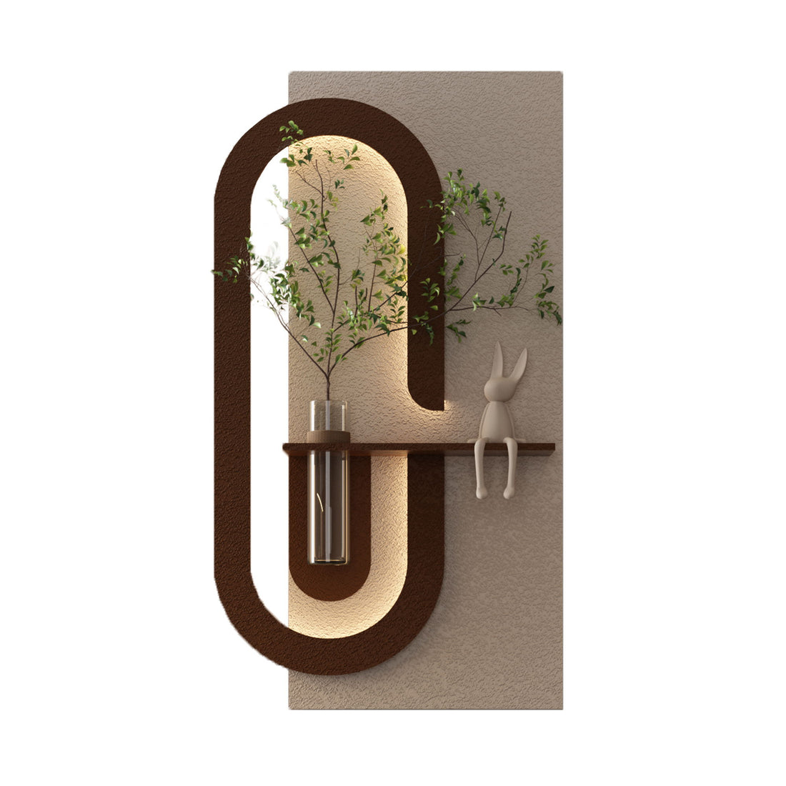 Adjustable LED Sandstone Wall Decor With Simulated Plants 3D Art Sculpture, Glass Vase &amp; Rabbit Statue, Remote Control - Light Coffee
