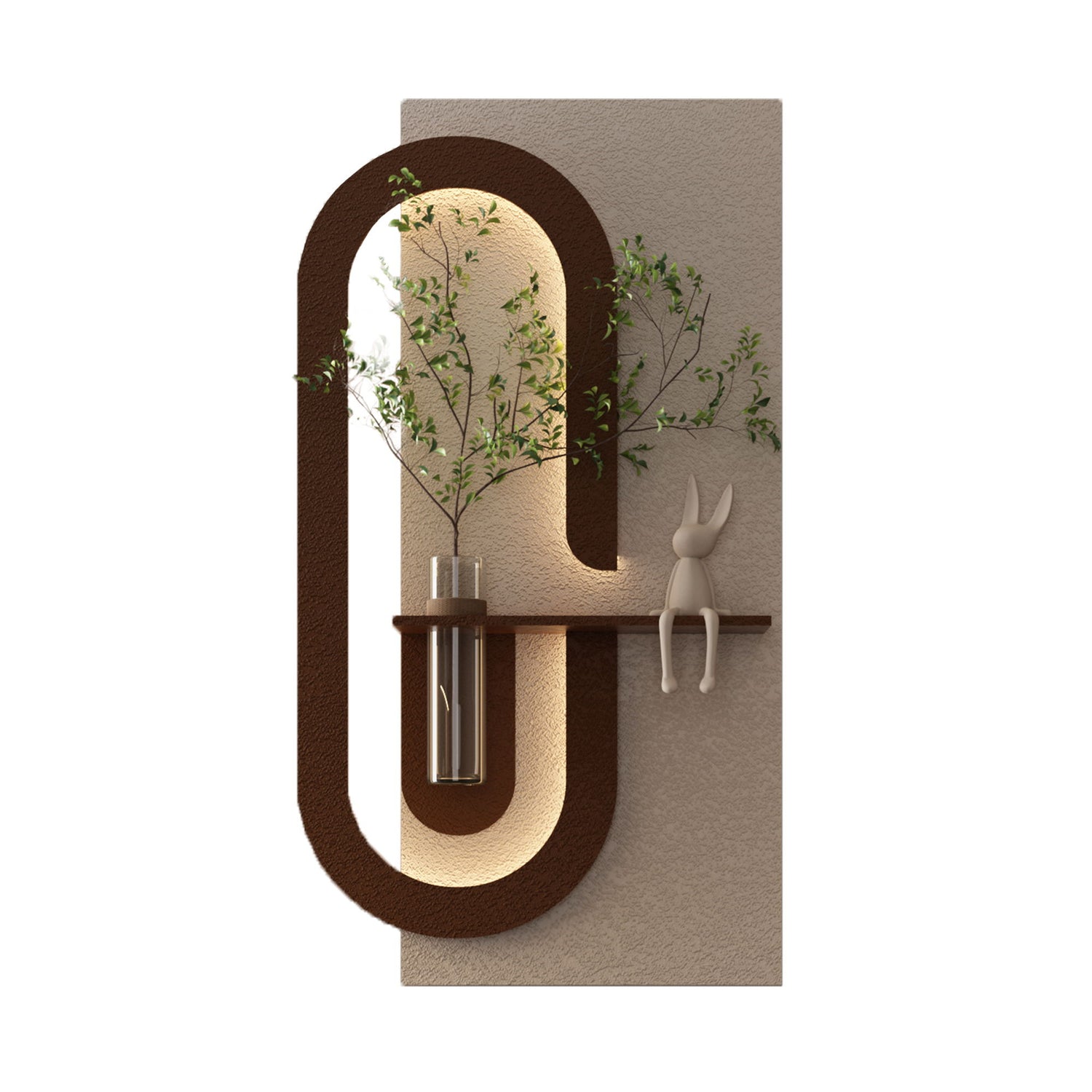 Adjustable LED Sandstone Wall Decor With Simulated Plants 3D Art Sculpture, Glass Vase &amp; Rabbit Statue, Remote Control - Light Coffee