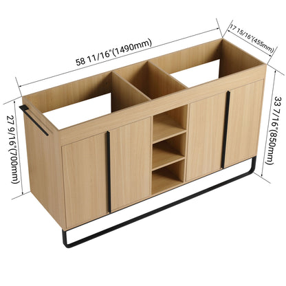 58" Freestanding Bathroom Cabinet With 4 Soft Close Doors &amp; 3 Open Racks (Vanity Only, No Sink) - Oak