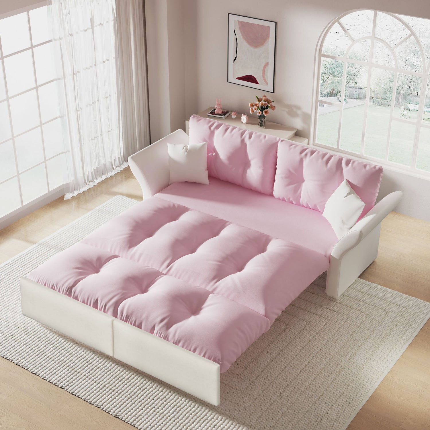 Queen Pull Out, 3 In 1 Convertible Sleeper Tufted Sofa &amp; 2 Soft Pillows