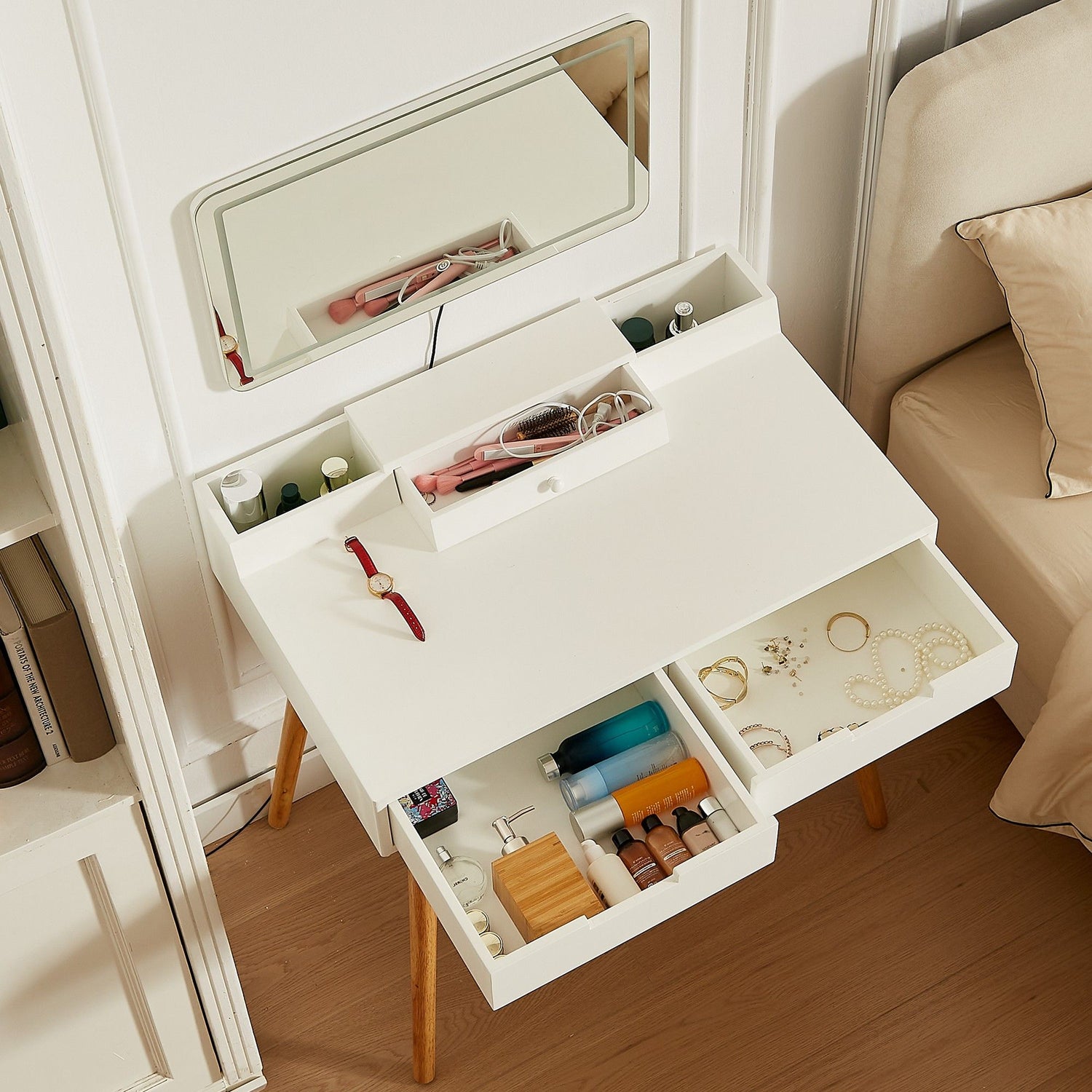 Makeup Vanity Desk With Removable Mirror And Lights, 3 Color Modes &amp; Adjustable Brightness Dressing Table, Small Vanity Table Set With 2 Drawers For Bedroom - White