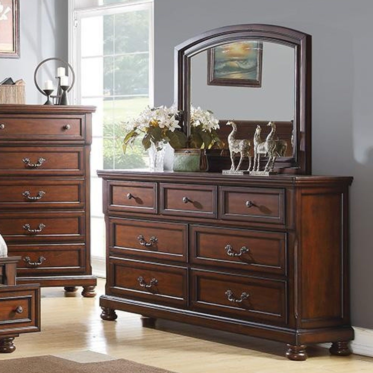 Dresser With 3 Small &amp; 4 Large Drawers, Round Knobs, Bedroom Furniture - Cherry