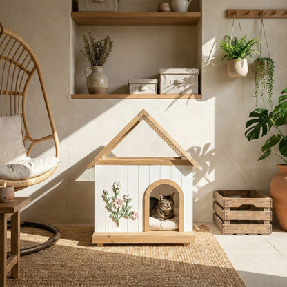 Daisy Cat House With Roof &amp; Indoor Outdoor Pet Shelter For Cats &amp; Small Dogs (11–25 Lbs) - White / Wood