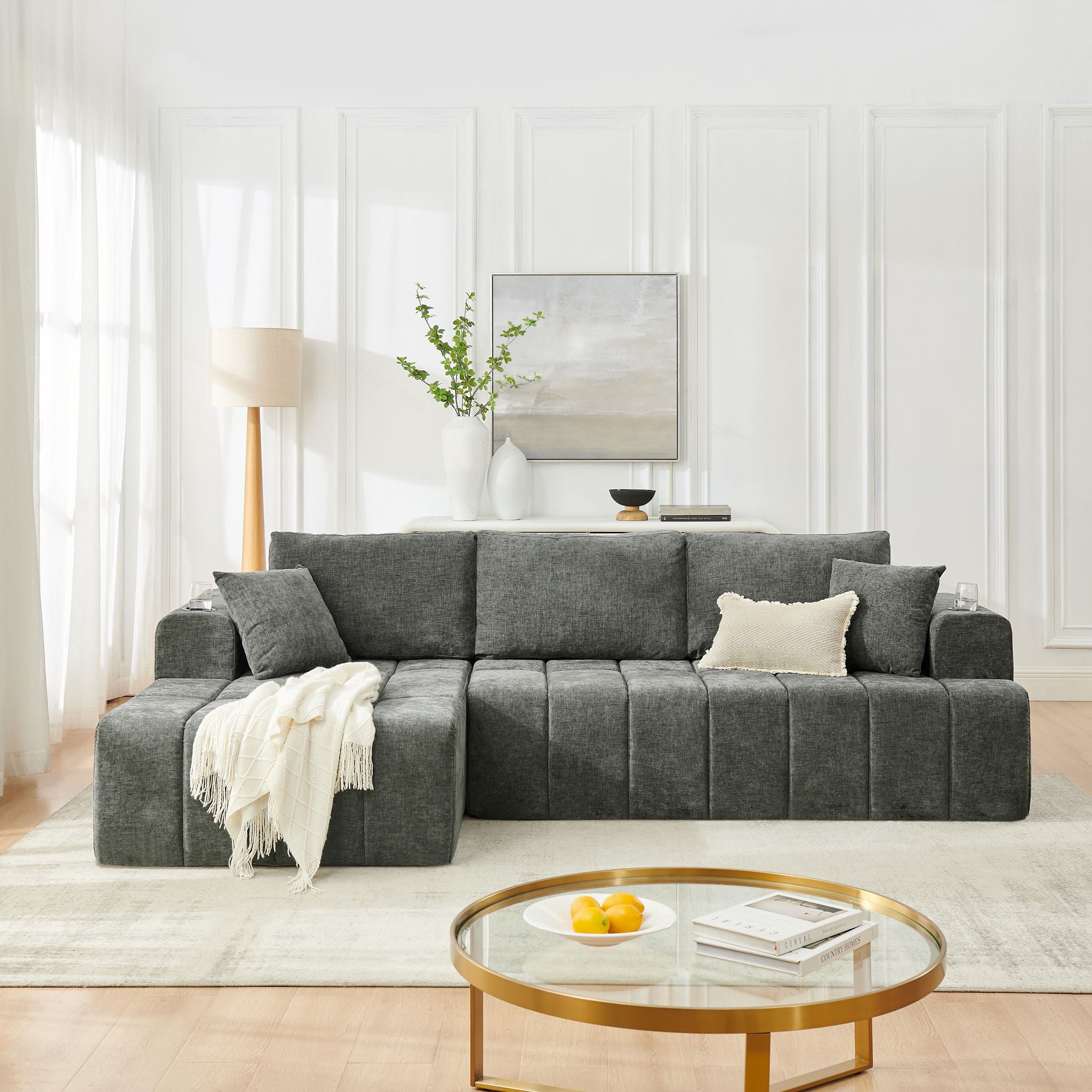 L - Shaped Sectional Sofa With Cup Holders &amp; Side Pockets