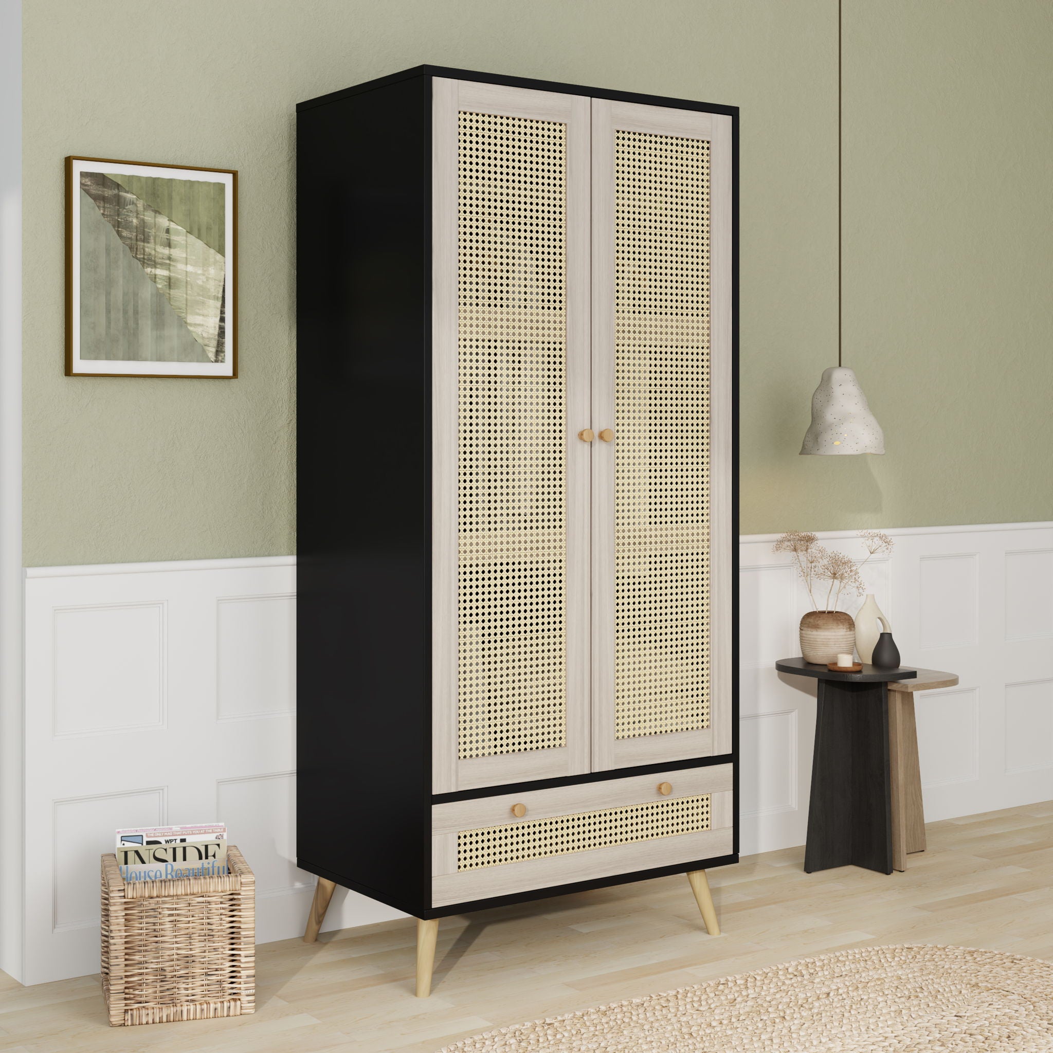 Tall Armoire Wardrobe Closet With 2 Rattan Doors &amp; 1 Drawer, Boho Clothes Storage Cabinet With Hanging Rod For Bedroom - Natural / Black