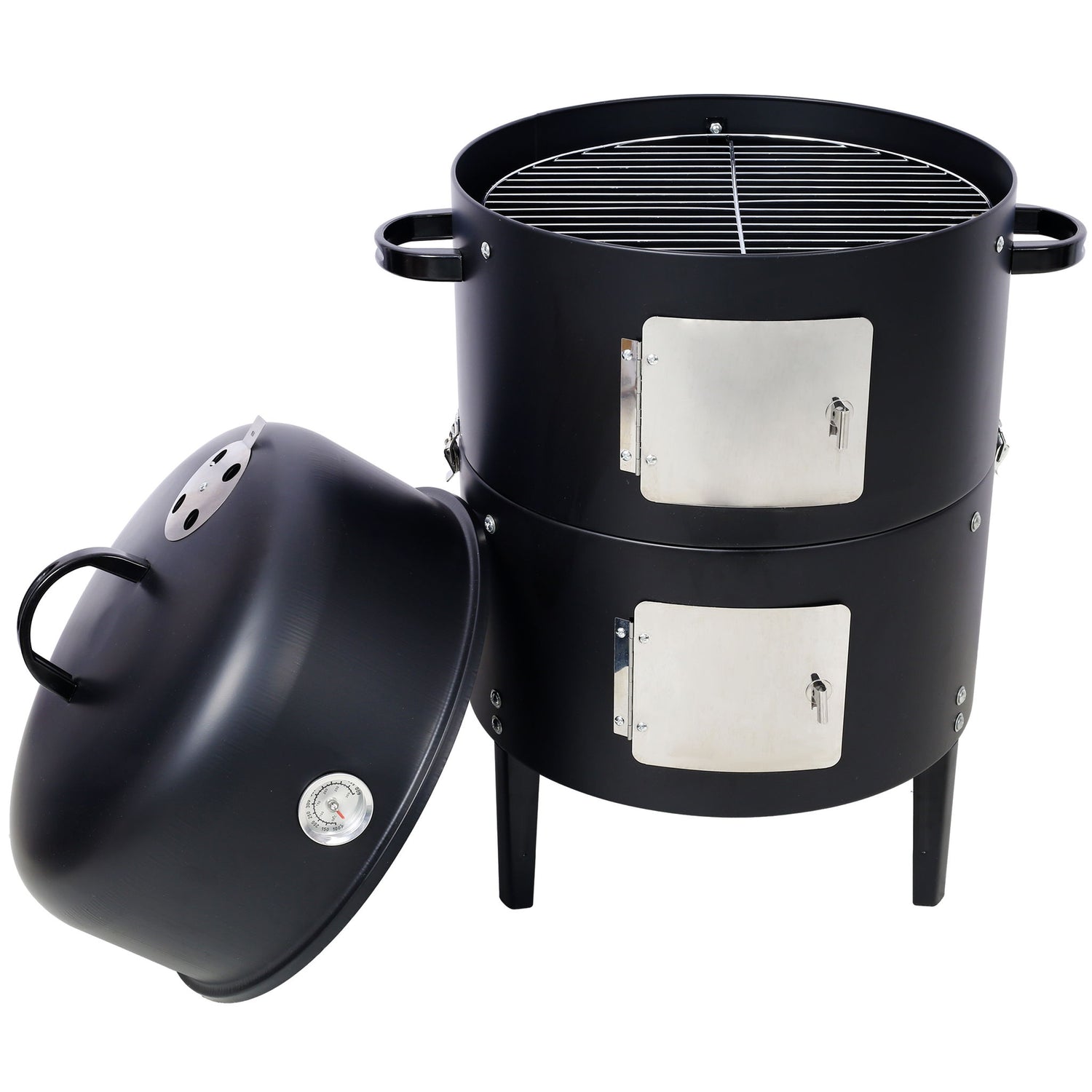 Heavy Duty Round Bbq Grill 17&quot; Steel Charcoal Smoker For Outdoor Cooking - Black