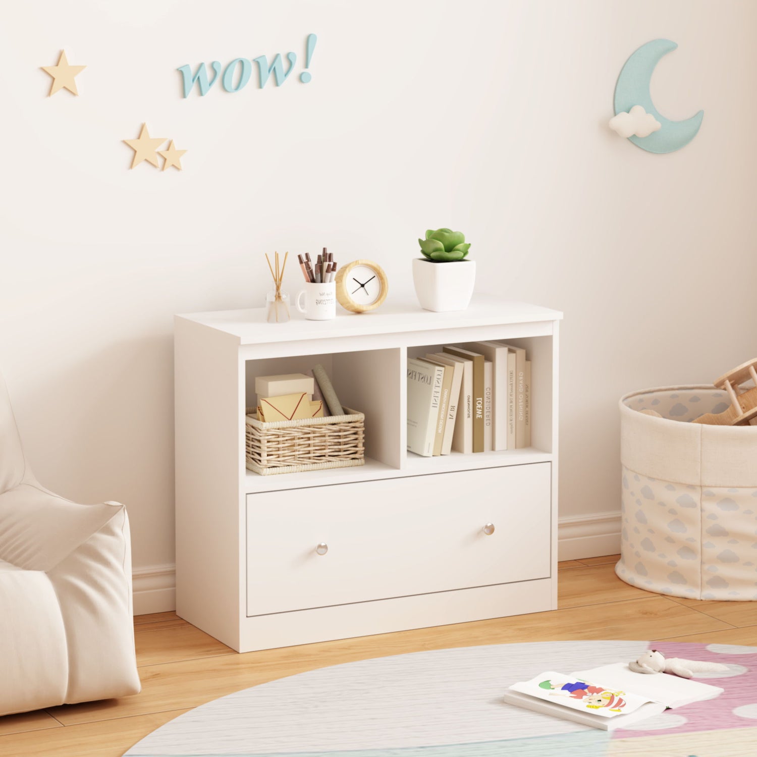 Toy Storage Organizer With Large Drawer And Low Bookshelf For Nursery &amp; Playroom - White