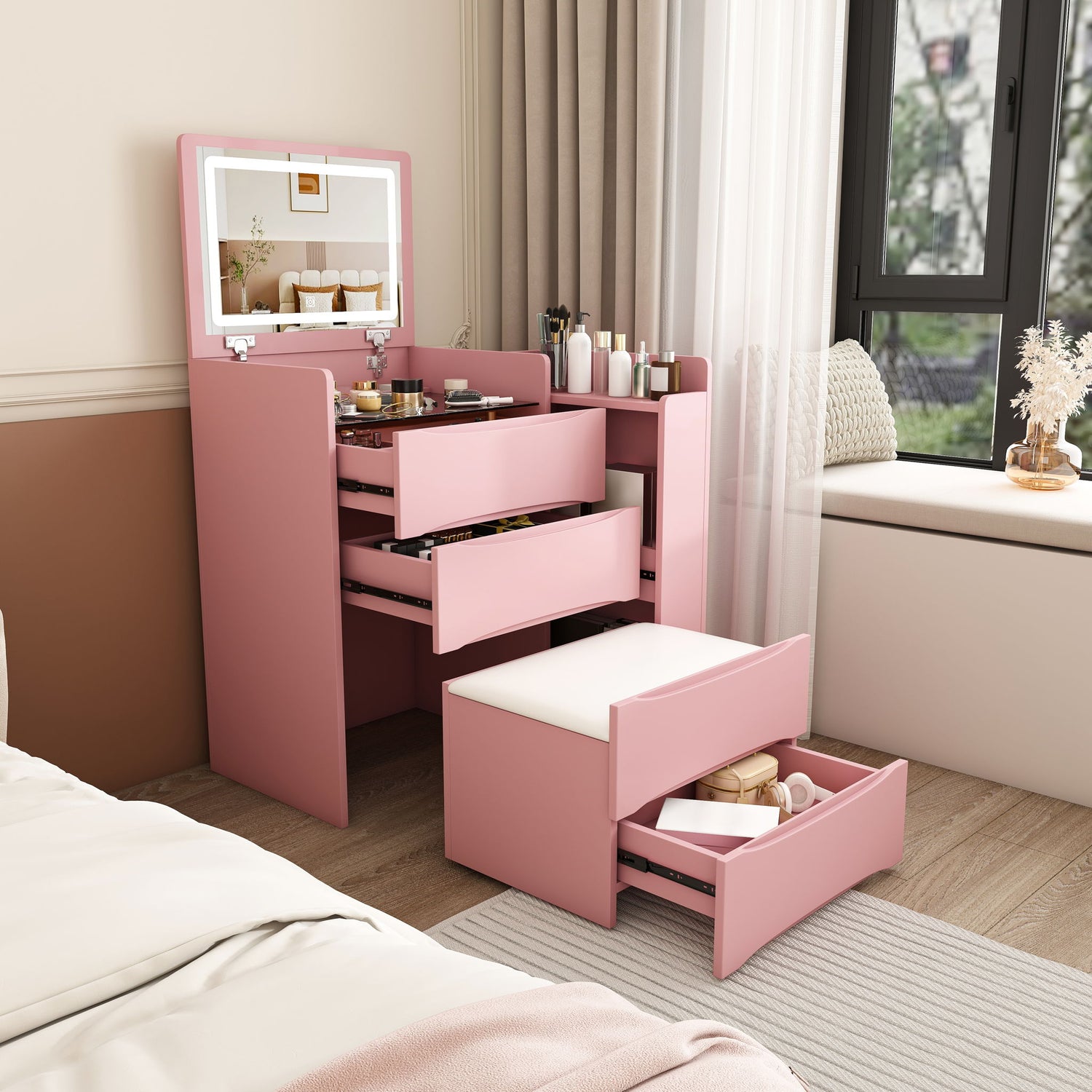 Flip Mirror Vanity Desk With Adjustable LED Lights &amp; Stool For Bedroom