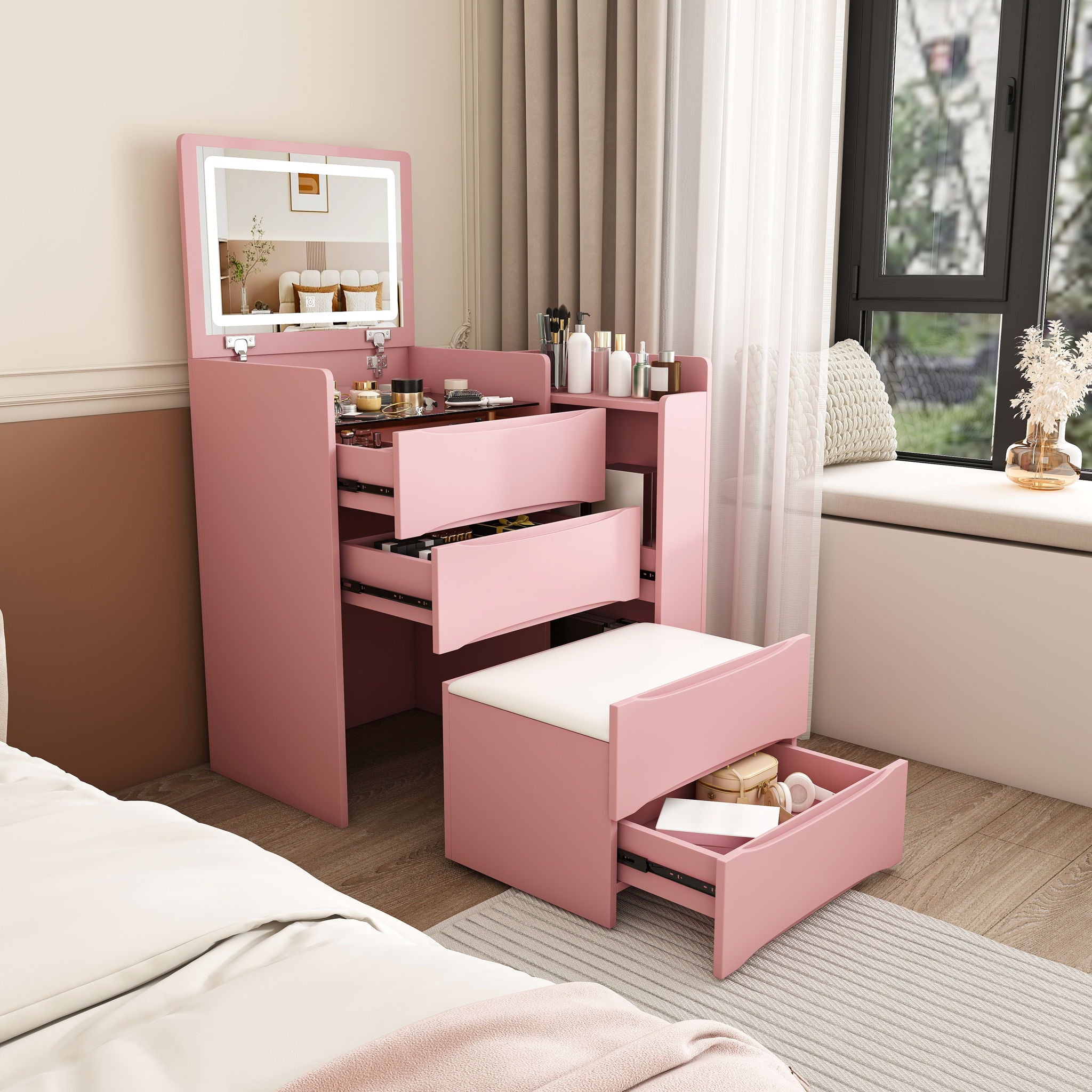Flip Mirror Vanity Desk With Adjustable LED Lights &amp; Stool For Bedroom
