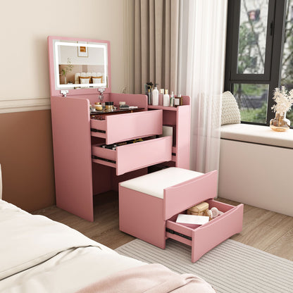 Flip Mirror Vanity Desk With Adjustable LED Lights &amp; Stool For Bedroom