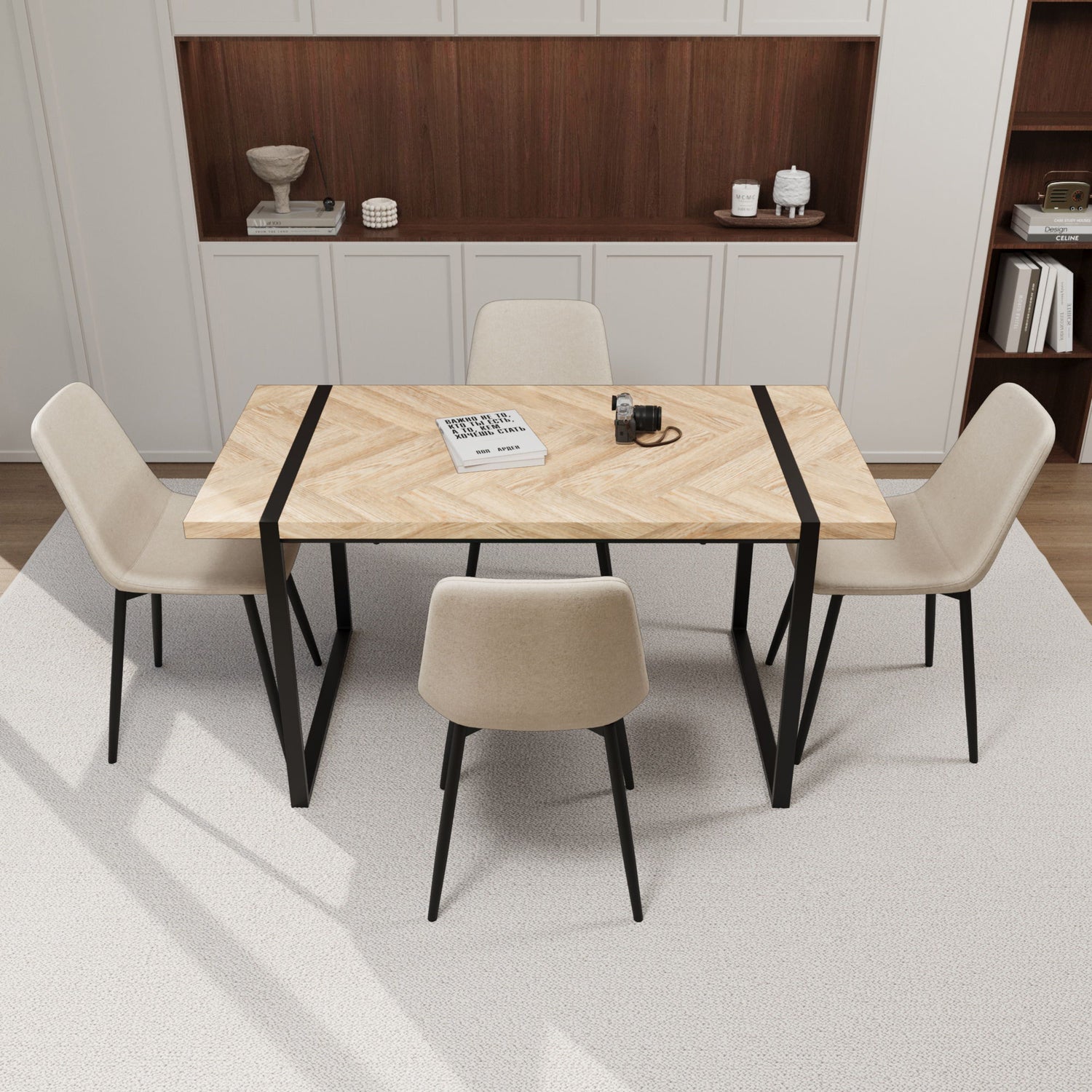 Modern Dining Table &amp; Suede Chair Set WIth Rectangular Metal Base