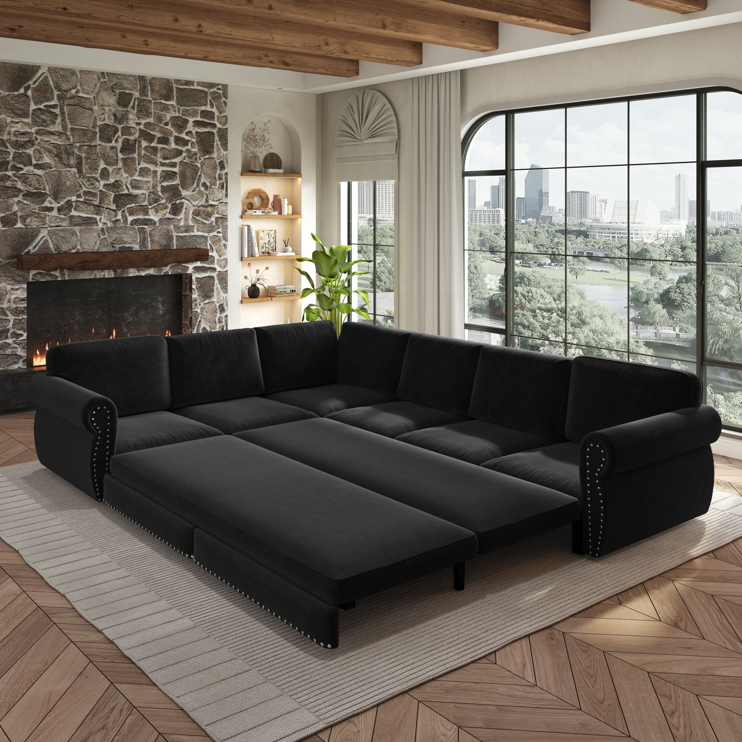 L-Shaped Sofa Couch With Pull Out Bed With Nailhead Trim &amp; Rolled Arm