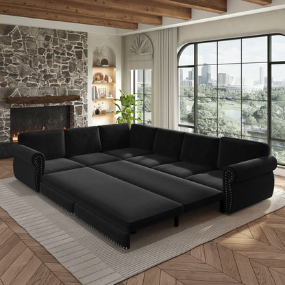 L-Shaped Sofa Couch With Pull Out Bed With Nailhead Trim &amp; Rolled Arm