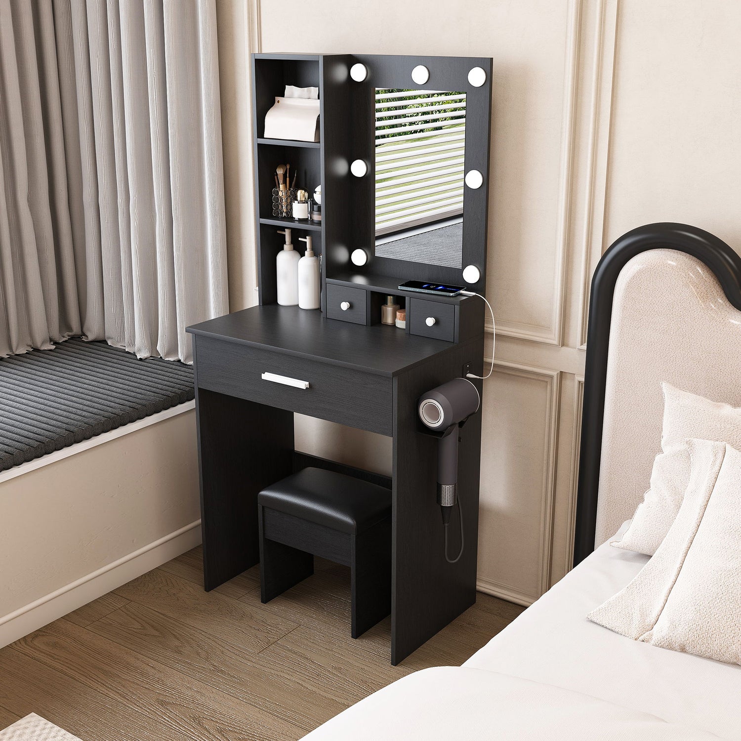 Vanity Table With Mirror, Adjustable LED Lights, Power Outlet, Hairdryer Holder &amp; Stool