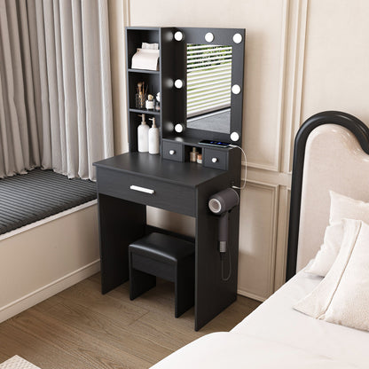 Vanity Table With Mirror, Adjustable LED Lights, Power Outlet, Hairdryer Holder &amp; Stool