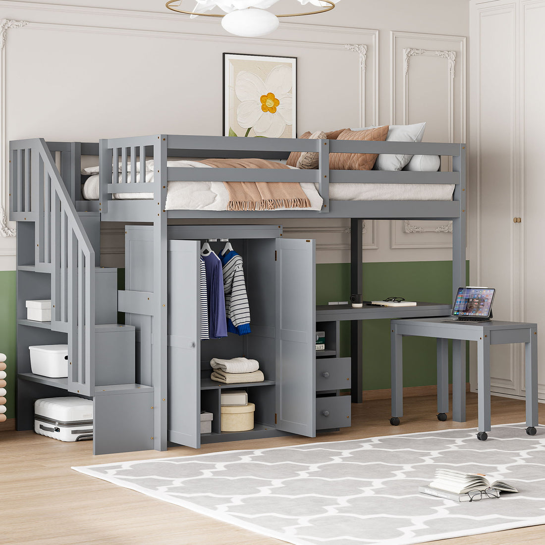 Loft Bed With Stairs, Bookshelf, Drawers, Desk &amp; Wardrobe, Space Saving Multifunctional Furniture