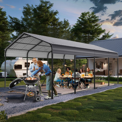 Metal Carport 12 X 20 Ft Heavy Duty With Galvanized Steel Roof Metal Garage Canopy With Galvanized Steel Roof &amp; Frame Car Tent Outdoor Storage Shed For Car Boats And Truck - Alabaster / Dark Gray