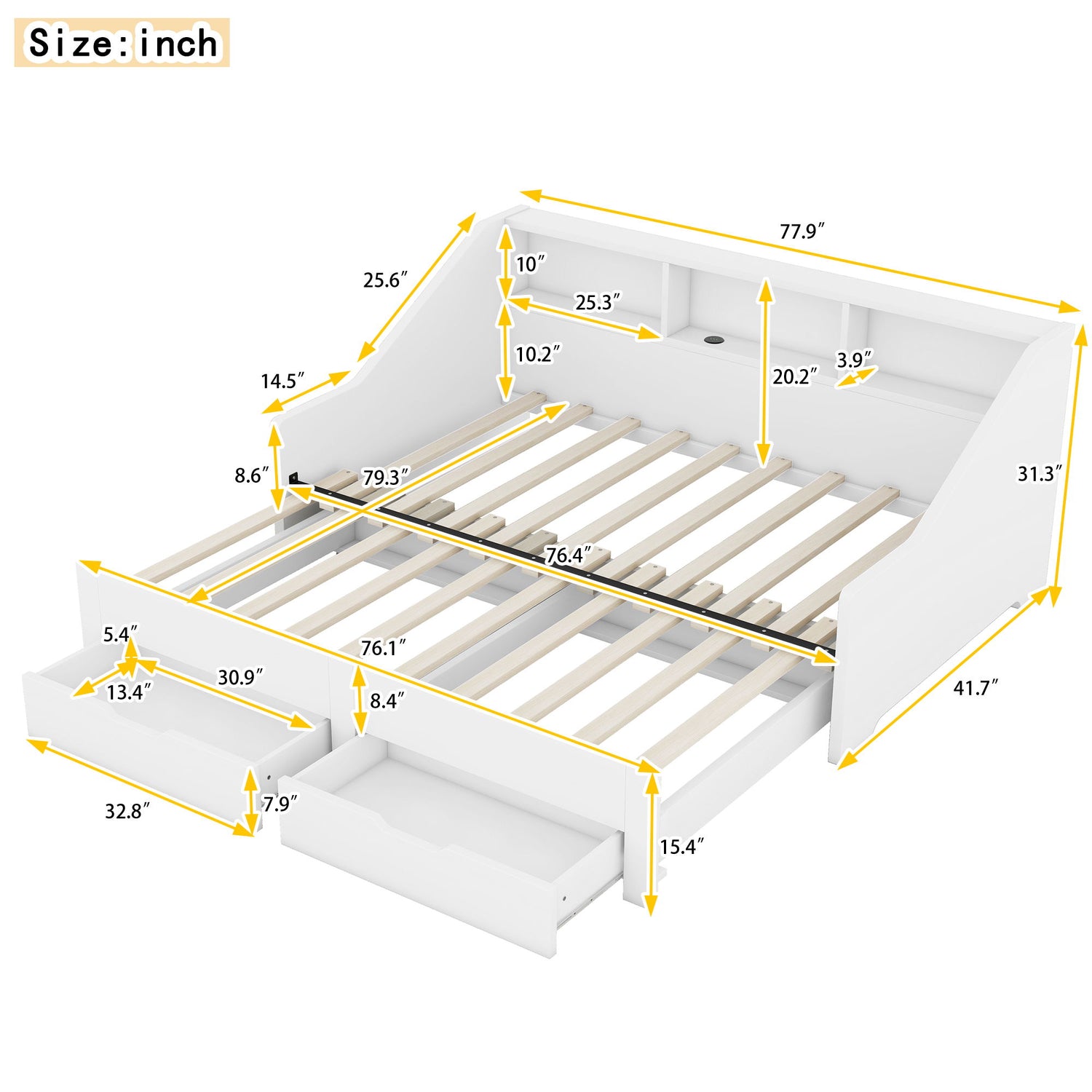 Daybed Frame With Storage Bookcases, 2 Drawers, Charging Station