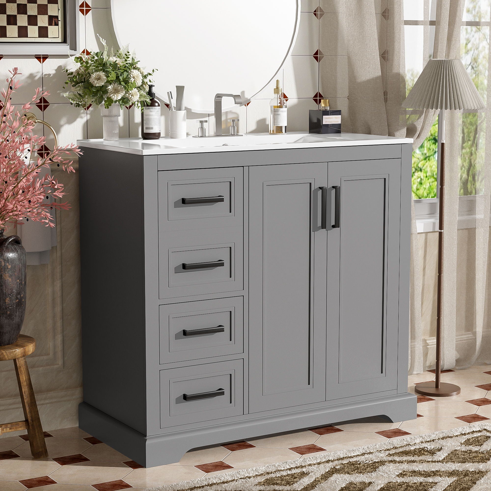 Bathroom Vanity With Sink, Soft Close Doors, Adjustable Shelf &amp; 3 Drawers
