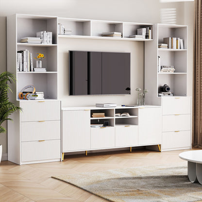 4 Piece Entertainment Wall Unit With 13 Shelves, 8 Drawers And 2 Cabinets, Multifunctional TV Stand Media Storage Cabinet With Fluted Line Surface For Living Room, For TVs Up To 70&quot;