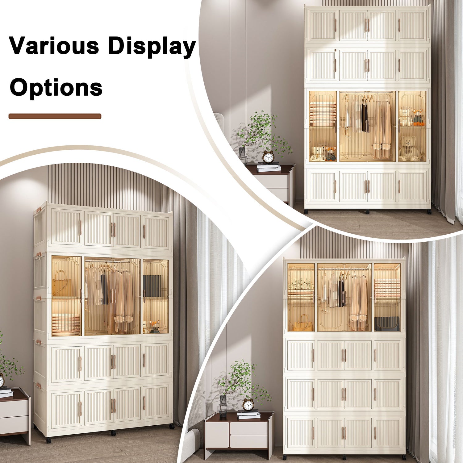 Portable Wardrobe Closet Storage Organizer With 17 Magnetic Doors, 17 Cubes, Hanging Rod &amp; 6 Hangers - Creamy White
