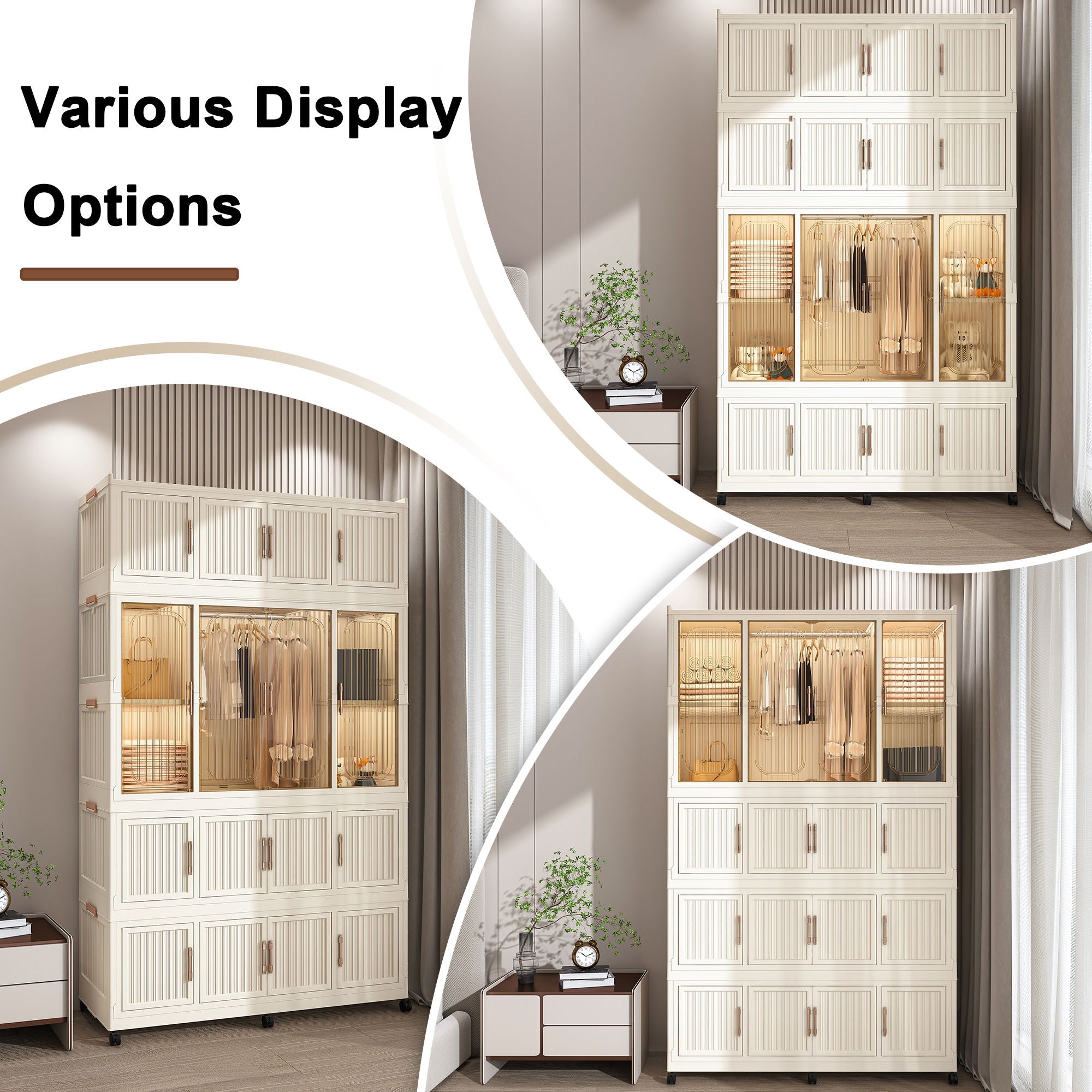 Portable Wardrobe Closet Storage Organizer With 17 Magnetic Doors, 17 Cubes, Hanging Rod &amp; 6 Hangers - Creamy White