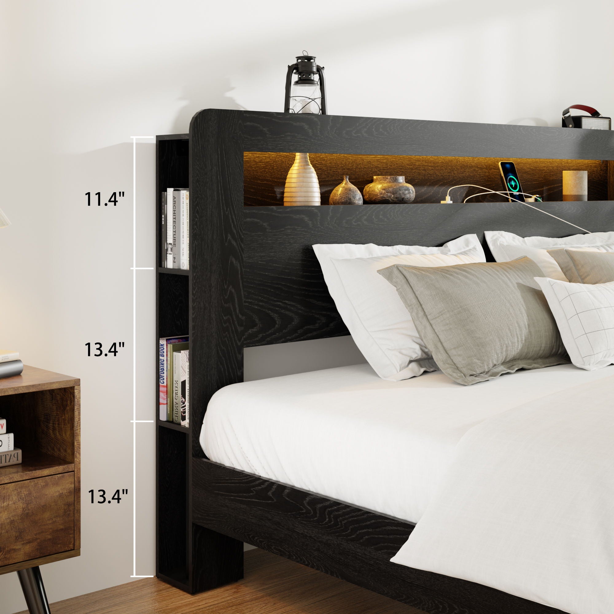 Wood Platform Bed Frame With Storage LED Light Headboard &amp; USB