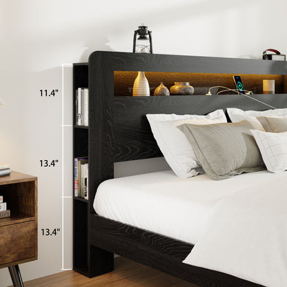 Wood Platform Bed Frame With Storage LED Light Headboard &amp; USB