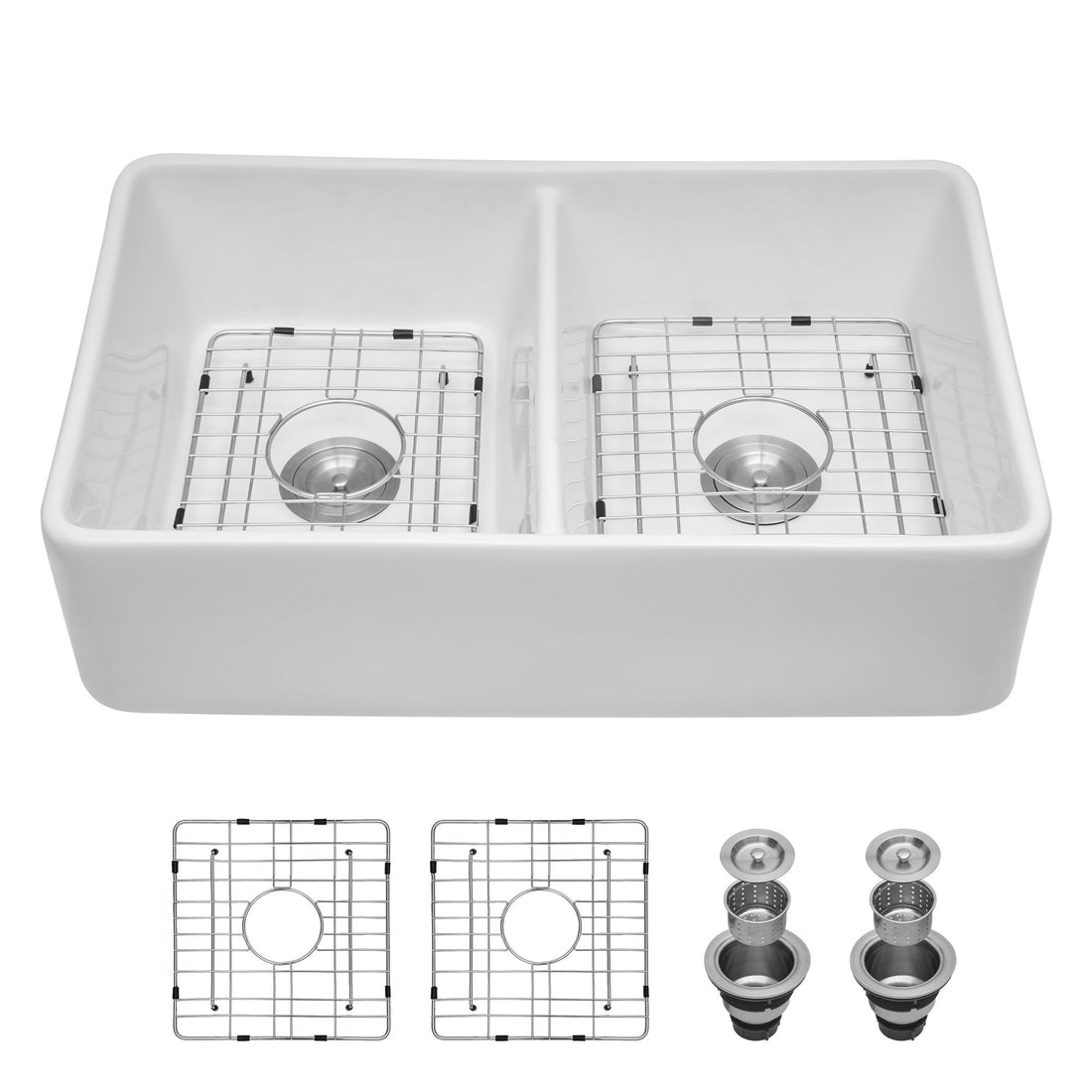 Double Bowl Apron Front Kitchen Sink 32&quot;, Sturdy And With Scratch Resistant - White