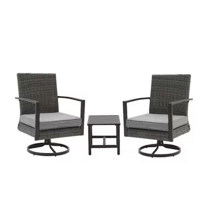 3 Piece Patio Furniture, Swivel Rocker Bistro Set With Side Table &amp; Cushions For Porch - Gray