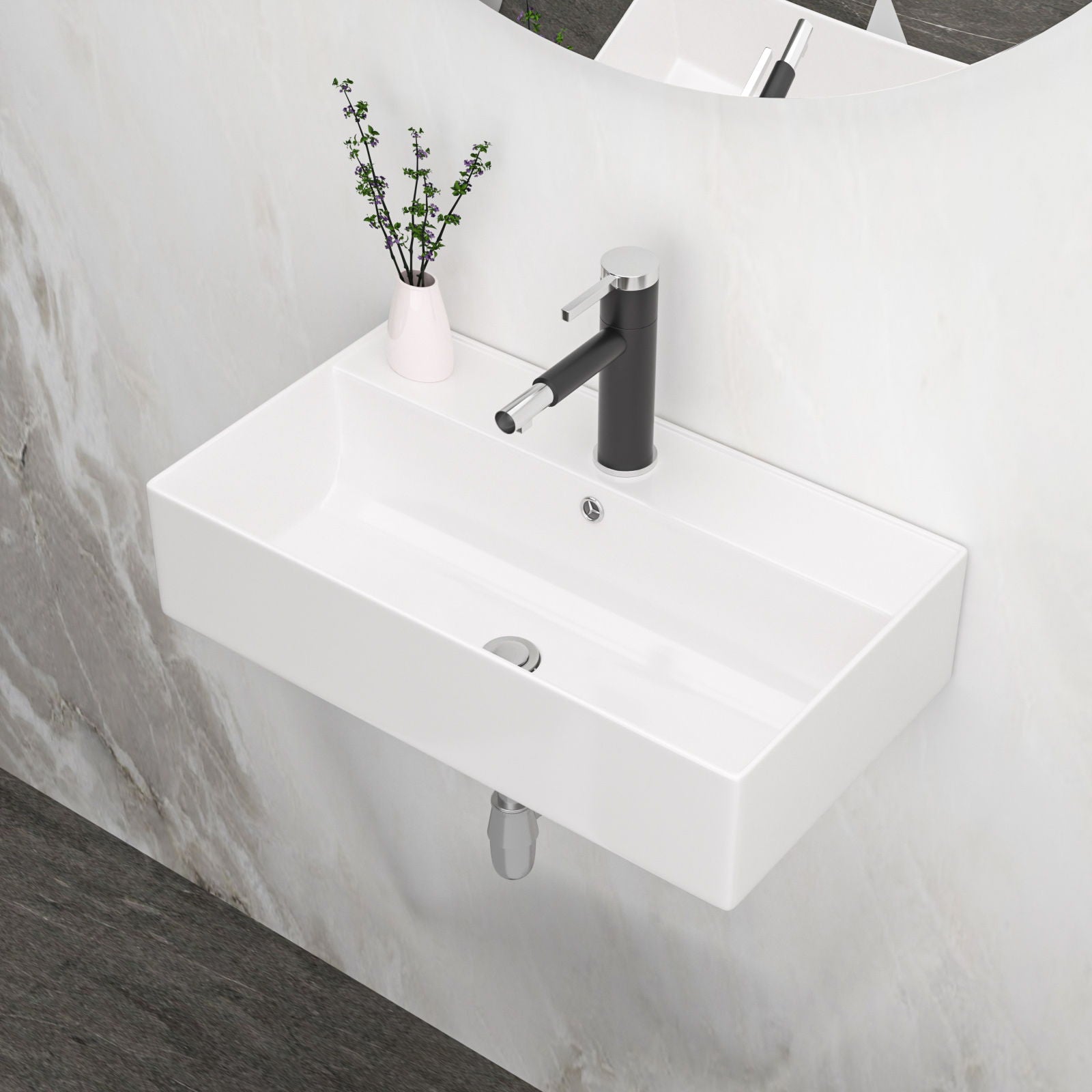Modern Ceramic Rectangular Wall Mounted Bathroom Sink With Faucet Hole &amp; Overflow