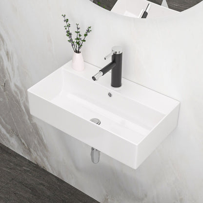 Modern Ceramic Rectangular Wall Mounted Bathroom Sink With Faucet Hole &amp; Overflow