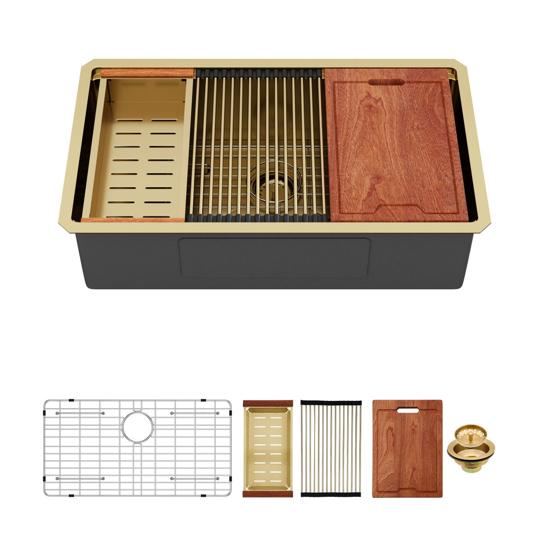 Undermount Kitchen Sink 36 X 19 X 9&quot;, 16 Gauge Deep Workstation Sink With Cutting Board And Accessories - Gold