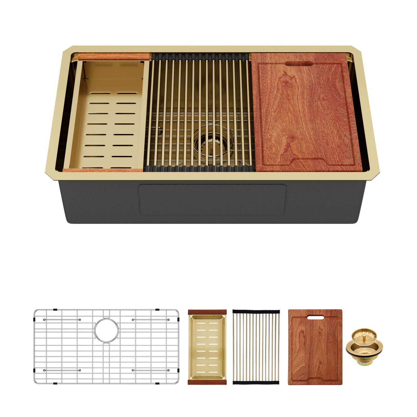 Undermount Kitchen Sink 36 X 19 X 9&quot;, 16 Gauge Deep Workstation Sink With Cutting Board And Accessories - Gold