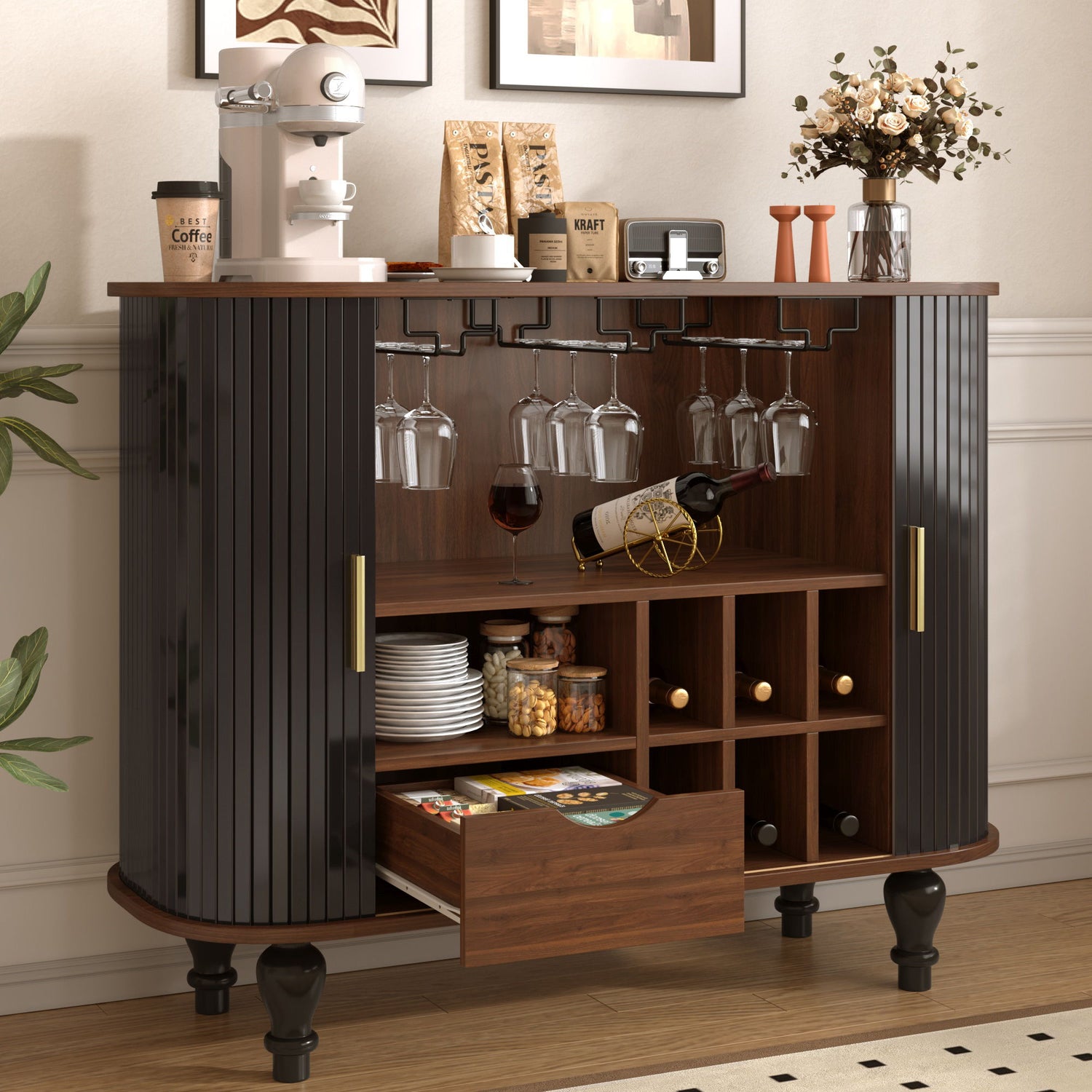 Fluted Liquor &amp; Coffee Bar Cabinet With 6 Wine Racks And 3 Glass Holders