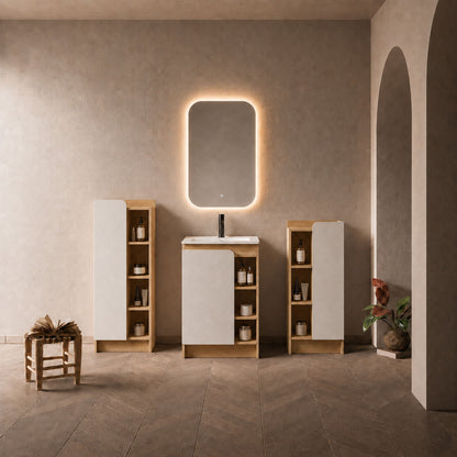 24" Bathroom Vanity With Sink &amp; Tall And Low Side Cabinets, Vanity Set With Thin Edge Sink &amp; Interchangeable Door Panels, 3 Piece Bathroom Storage Set - Black / Light Oak / White