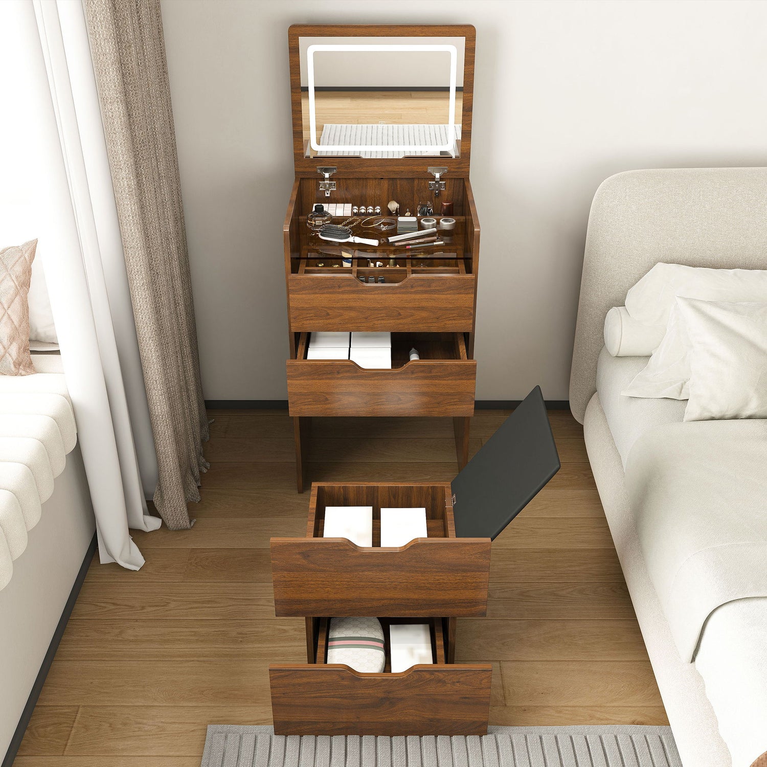 Vanity Desk With Lighted Mirror &amp; Stool