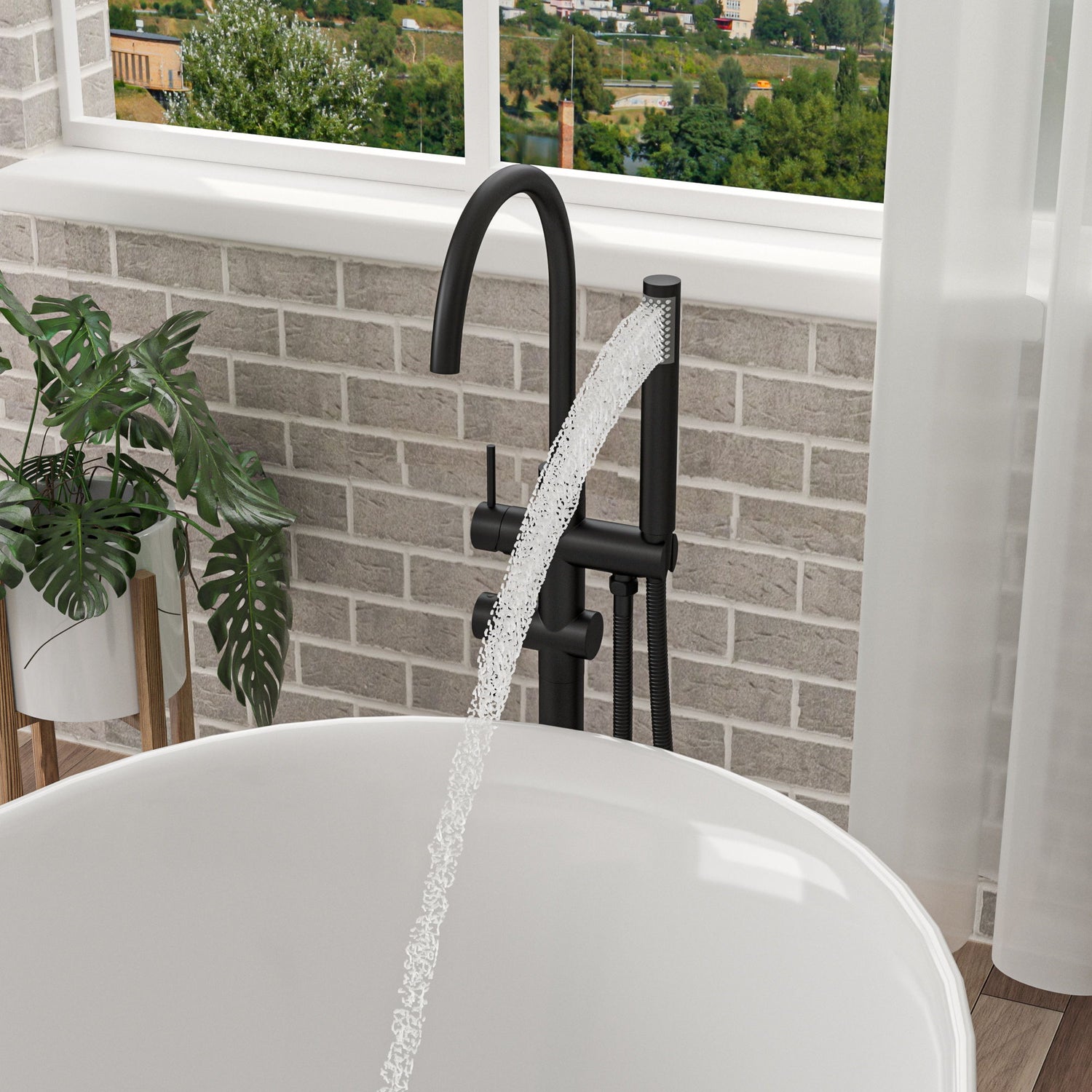 Freestanding Bathtub Faucet Floor Mount Tub Filler With Swivel Gooseneck Spout And Cylinder Handheld